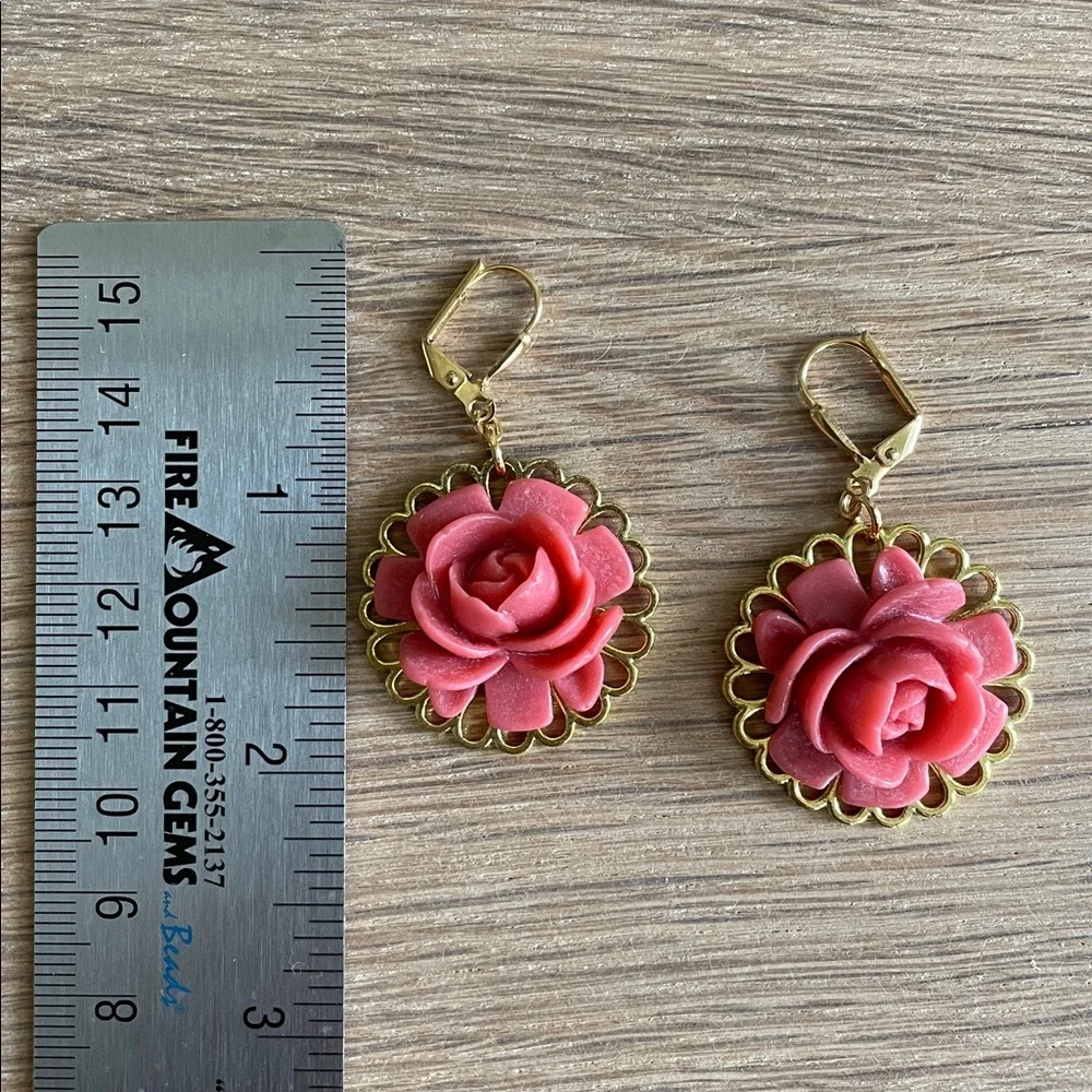 HAND CRAFTED PINK ROSE EARRINGS Acrylic Floral Components Pink Gold